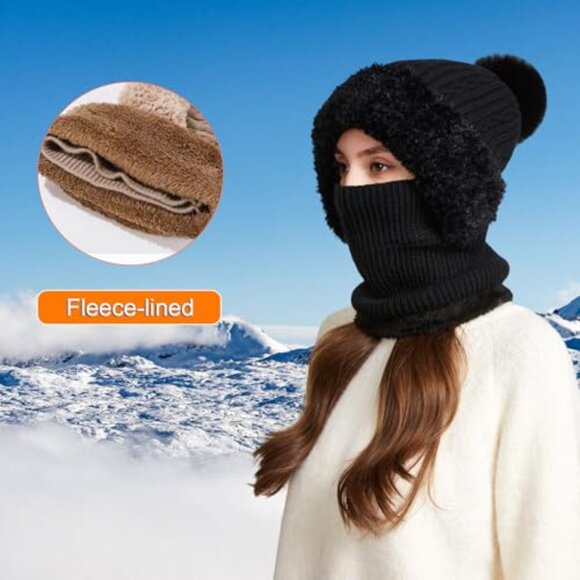 Fleece Lined Knitted Balaclava Hooded Beanie Neck Warmer One Piece main image 4